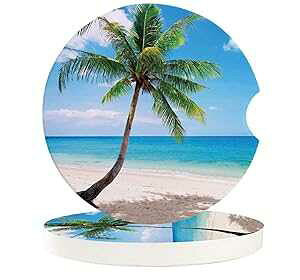 Vandarllin Car Drinks Coasters Set of 2 Pack Coconut Palm Tree Sandy Beach Hawaii Absorbent Ceramic Stone Blue Yellow Coaster with A Finger Notch for Easy Removal from Auto Cupholder