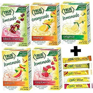 True Lemon Assorted Beverage Pack: (5boxes 10ct each) with 5 FREE BONUS Sticks of Lemonade! True Lemon Original Lemonade, True Peach Lemonade, True Black Cherry Limeade, True Mango Orange and True Raspberry Lemonad