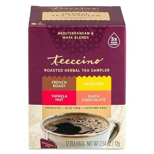 Teeccino Herbal Tea Sampler Assortment - 12 Tea Bags - Maca Chocolate, French Roast, Hazelnut, Vanilla Nut - Roasted Caffeine Free Herbal Tea, Prebiotic for Natural Energy
