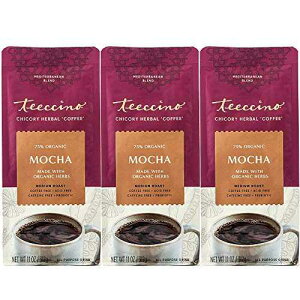 Teeccino Mocha Chicory Coffee Alternative - 11 Ounce - Ground Herbal Coffee That�fs Prebiotic, Caffeine-Free & Acid Free, Medium Roast, (Pack of 3)