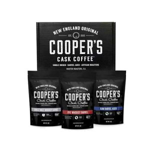 Cooper's Cask Coffee Bourbon Barrel Aged Coffee Ground Set, Single Origin Sumatra Whiskey, Ethiopian Rye, Rwanda Rum Roasted Coffee Beans (Ground, 4 Ounce (Pack of 3))