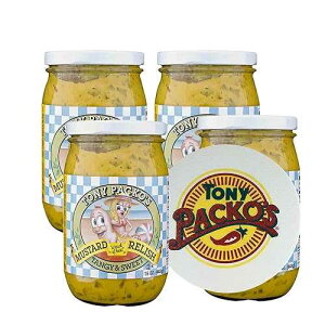Tony Packo's Mustard Relish 4 Pack Four 16 oz Jars of Authentic Hungarian-Style Sweet & Spicy Mustard Relish + Bonus Jar Opener Hot Dog Topping, Sandwich Spread, BBQ Condiment, Famous Toledo Pickle Recipe