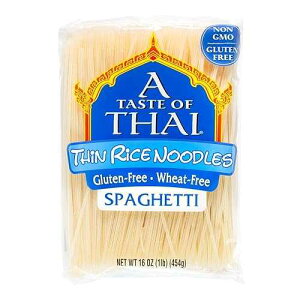 A Taste of Thai Spaghetti Rice Noodles (Thin & Straight Cut) Restaurant-Quality Thai Flavor in Minutes Vegan, Gluten-Free, Wheat Free, Non-GMO For Stir-Fries, Soups & Asian Dishes 16 oz, 1 Pack
