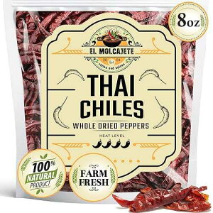 Dried Red Thai Chili Peppers, 8 oz Bag ? Whole Hot Peppers for Traditional Asian Cooking, Soups, and Curries by El Molcajete