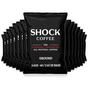 Shock Coffee Ground Stay Fresher Packs. The Strongest Caffeinated All Natural Coffee, Up to 50% more Caffeine than Regular Coffee, 6.6 pounds (40-2.65oz bags)