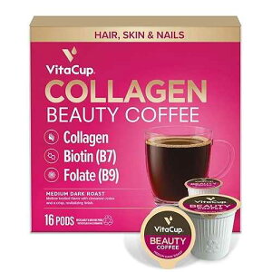 VitaCup Beauty Collagen Coffee Pods for Hair, Skin & Nails, with Biotin & Folate, Medium Dark Roast, Keto Friendly, Recyclable Single Serve Pod Compatible with Keurig K-Cup Brewers,16 Ct