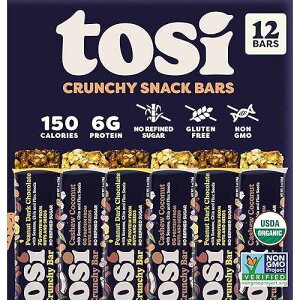 Tosi Cashew Coconut and Dark Chocolate Peanut Protein Bars Combo, Plant Based with Nuts, Gluten-Free Crunchy Snacks, Vegan, Organic, Flax & Chia Seeds, Soy-Free, Omega 3s, 6G/8G Protein, 1 oz, 12-Pack