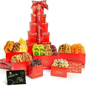 NUT CRAVINGS - Valentines Day Dried Fruit & Mixed Nuts Gift Basket Red Tower + Heart Ribbon (12 Assortments) Xmas Treats for Adults, Food Arrangement, Healthy Snack Care Package, Kosher