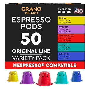 Grano Milano Variety Pack with Decaf - 50 Espresso Pods Compatible with Nespresso Original line - Medium & Dark Roast Coffee Capsules Made in Italy Espresso Coffee