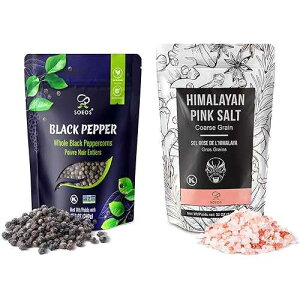 Soeos Whole Black Peppercorns 12oz + Himalayan Pink Salt 2lb, Salt and Pepper for Grinders, Black Peppercorn Refil, Pink Himalayan Sea Salt, 2 Piece Set
