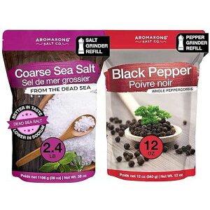 Aromasong Organic Coarse Sea Salt (2.43 LB.) with Black Peppercorn (12 OZ) Grinder, Mill Refill Combo Set for Cooking & Baking - Bulk Resealable Bag
