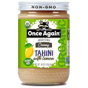 Once Again Organic Sesame Tahini with Lemon, 16oz - Salt Free, Unsweetened - USDA Organic, Gluten Free, Vegan, Kosher, Peanut Free - Glass Jar