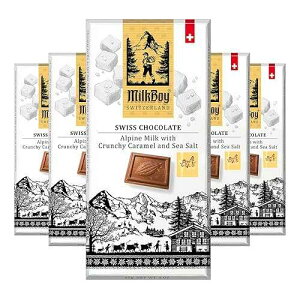 Milkboy Swiss Chocolates Milk Chocolates - Alpine Milk Chocolate Bars with Crunchy Caramel Sea Salt - Gluten-Free Non-GMO All Natural - Made in Switzerland - 3 oz, Pack 5