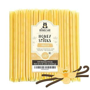 The Honey Jar Vanilla Flavored Honey Sticks - Pure Honey Straws For Tea, Coffee, or a Healthy Treat - One Teaspoon of Flavored Honey Per Stick - Made In The USA with Real Honey - (100 Count)