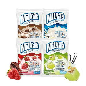 Milkita Creamy Shake Candy Pack of 4, Gluten Free Chewy Candies with Calcium & Real Milk, Low-Sugar, Assorted Flavors (Vanilla, Strawberry, Cappuccino, Honeydew), 100 Pcs