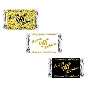 RokAPary 90th Birthday Miniatures Candy Bar Wrapper, (Set of 60) Mini Candy Bar Stickers; 3 Designs: 24 Gold, 24 Black, 12 White, Candy Not Included. Made in USA