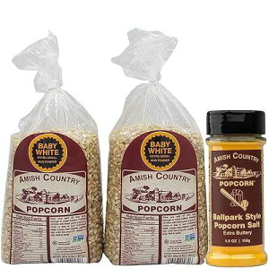 Amish Country Popcorn Variety Bundles 4 lb Baby White Popcorn Kernels and 5.5 oz BallPark Style ButterSalt Set Old Fashioned, Non-GMO and Gluten Free