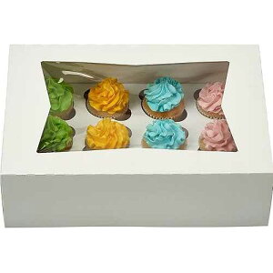 Decony 12 Pcs Window Cupcake Boxes [MADE IN USA] White Bakery Cupcake Boxes with Inserts- 14 x 10 x 4 Fits 12 Standard Size Cupcakes and Muffins- 12 Count Cupcake Container for Storing & Transporting