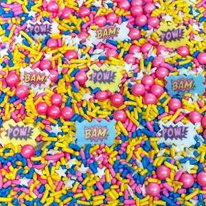 Sprinkle Deco Super Hero Girls Pink Blue Black Yellow Power Confetti Sprinkles Cake Cookie Cupcake IceCream Donut Decoration Quins - 4oz