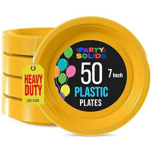 Exquisite Party Solids Yellow Plastic Plates For Party Supplies 7 Yellow Disposable Plates Heavy Duty 50 Pcs Plastic Dinnerware Sets Heavy Duty 350 GSM Disposable Dinnerware Set