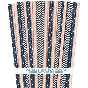 Outside the Box Papers �s���N�ƃl�C�r�[�u���[ �V�F�u�����ƃh�b�g �y�[�p�[ �X�g���[ 7.75 �C���` 100 �p�b�N �s���N�A�l�C�r�[ �u���[�A�z���C�g Outside the Box Papers Pink and Navy Blue Chevron and Dot Paper St