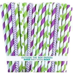 Outside the Box Papers Tinkerbell Theme Chevron,Polka Dot and Stripe Paper Straws 7.75 Inches 100 Pack Lime Green, Purple, Lilac, White