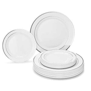 OCCASIONS FINEST PLASTIC TABLEWARE OCCASIONS 120 Plates Pack,(60 Guests) Heavyweight Premium Wedding Party Disposable Plastic Plates Set -60 x 10.5'' Dinner + 60 x 7.5'' Salad/Dessert (White & Silver Rim)