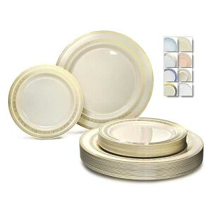 OCCASIONS FINEST PLASTIC TABLEWARE  OCCASIONS  50 Plates Pack (25 Guests)-Heavyweight Wedding Party Disposable Plastic Plate Set -25 x 10.5'' Dinner + 25 x 7.5'' Salad/Dessert plates (Lace Ivory & Gold)