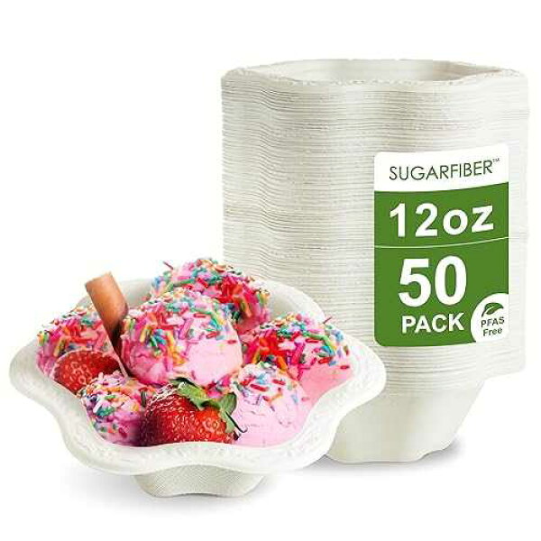 AURA eco-packaging [50 COUNT]12oz Compostable Floral White Paper Bowls, Scalloped Party Bowls, Eco Friendly Plastic-Free ice cream Bowl, Acanthus Natural Sugarcane Disposable Bagasse Bowls for Dessert, New Version