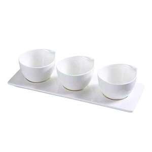 Yanco PS-722 Three 3" Cup with 10-1/2" X 3-1/2" Tray Set, 4-oz/Well, 10.5" Length x 3.5" Width, Porcelain, Bone White, Pack of 12