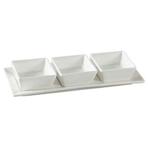 Yanco PS-724 Three 3-1/4" Square Bowl with 10-1/4" X 4-1/4" Tray Set, 3-oz/Well, 10.25" Length x 4.25" Width, Porcelain, Bone White, Pack of 12