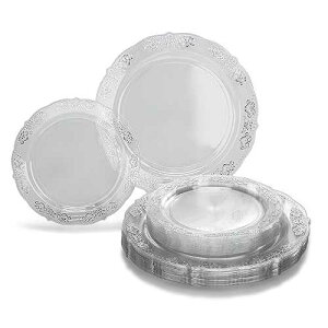 OCCASIONS FINEST PLASTIC TABLEWARE  OCCASIONS  240 Plates Pack,(120 Guests) Vintage Wedding Party Disposable Plastic Plates Set-120x10.25'' Dinner +120x7.5'' Salad/Dessert Plate (Portofino Clear & Silver)