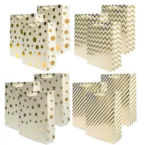 UNIQOOO 12PCS Metallic Gold Christmas Gift Bags Bulk with Handle, Large 12.5 x10 Inch, Assorted Modern Geometric Paper Gift Wrap Bags, For Valentines Day Holiday Birthday Wedding Gift Pack Decor