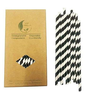 BOFA Eco Tableware Black Striped Paper Drinking Straws, Pack of 100 Biodegradable Disposable Black White Stripes Straw for Restaurants, Juices, Smoothies