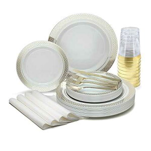 OCCASIONS FINEST PLASTIC TABLEWARE  OCCASIONS  200pcs set (25 Guests)-Heavyweight Wedding Party Disposable Plastic Plate Set -25 x10.5'' + 25 x7.5''+Silverware +Cups+linen like paper Napkins (Celebration white &