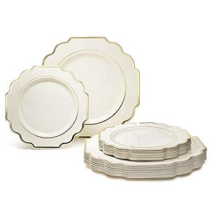 OCCASIONS FINEST PLASTIC TABLEWARE  OCCASIONS  50 Plates Pack (25 Guests)-Heavyweight Wedding Party Disposable Plastic Plate Set -(25x10.5'' Dinner + 25x8'' Salad/Dessert) (Imperial Ivory & Gold)