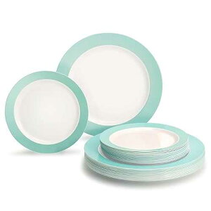 OCCASIONS FINEST PLASTIC TABLEWARE  OCCASIONS  120 Plates Pack,(60 Guests) Heavyweight Premium Wedding Party Disposable Plastic Plates -60x10.25'' Dinner + 60x7.5'' Salad/Dessert (Rio White & Pearled Turquoise Bl
