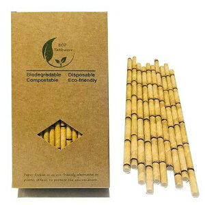 BOFA Eco Tableware Yellow Bamboo Paper Drinking Straws, Pack of 100 Biodegrabale Disposable Yellow Bamboo Printed Straw for Party Cocktail Decoration