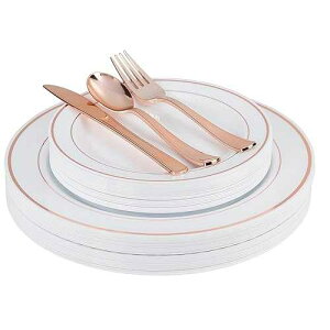 Exquisite 200 Piece Heavyweight Party Disposable Plastic Plates and Cutlery Set Includes 40 Dinner Plates 40 Dessert Plates and 40 Pieces of Glossy Silver Plastic Forks Knives and Spoons (Rose Gold)