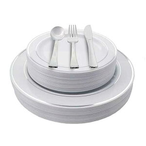 Exquisite 200 Piece Heavyweight Party Disposable Plastic Plates and Cutlery Set Includes 40 Dinner Plates 40 Dessert Plates and 40 Pieces of Glossy Silver Plastic Forks Knives and Spoons (Silver)