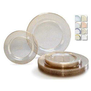 OCCASIONS FINEST PLASTIC TABLEWARE  OCCASIONS  50 Plates Pack (25 Guests)-Heavyweight Wedding Party Disposable Plastic Plate Set -25 x 10.5'' Dinner + 25 x 7.5'' Salad/Dessert plates (Seasons Clear w/Gold Glitte