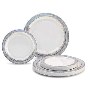 OCCASIONS FINEST PLASTIC TABLEWARE  OCCASIONS  50 Plates Pack (25 Guests)-Heavyweight Wedding Party Disposable Plastic Plate Set -25 x 10.5'' Dinner + 25 x 7.5'' Salad/dessert plates (Louvre in White w/Blue &