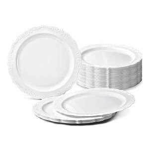OCCASIONS FINEST PLASTIC TABLEWARE  OCCASIONS  40 Plates Pack, Disposable Vintage Wedding Party Plastic Plates (7.5'' Appetizer/Dessert Plate, Verona in White)