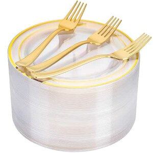 I00000 72 Pcs Clear Plastic Dessert Plates 7.5 & 72 Pcs Gold Disposable Forks 7.4, Clear Small Plates,Nice Dessert Plates,Fancy Salad Plate,Gold Cake Plate for Party, Occasions, Wedding