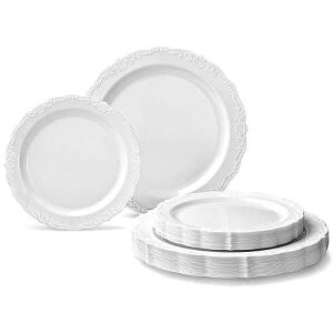 OCCASIONS FINEST PLASTIC TABLEWARE  OCCASIONS  120 Plates Pack,(60 Guests) Vintage Wedding Party Disposable Plastic Plates Set -60 x 10'' Dinner + 60 x 7.5'' Salad/Dessert (Verona Plain White)
