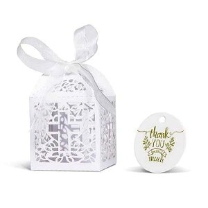 KAZIPA 50PCS Baptism Favor Boxes, 2.2''x2.2''x2.2''Laser Cut Gift Boxes for Baby Shower,First Birthday Party Christening Decorations,Candy Bag for Boy and Girl(White & 50 Thank You Tags)