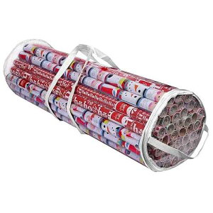 ProPik Christmas Gift Wrap Organizer Clear, Fits 24 Rolls of 40 Inch Long, Heavy Duty PVC Wrapping Paper Storage Bag with Handles and Zippered Top, Tote Clear Tube Container (White Trimming)