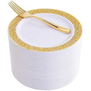 WDF 100pcs Gold Dessert Plates 7.5 with 100 Pieces Disposable Forks 7.4, Lace Design Fancy Appetizer Small Salad and Cake Plates for Thanksgiving Party/Weeding