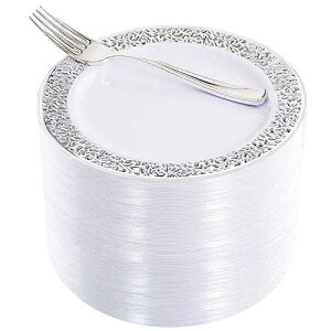WDF 100pcs Silver Plastic Dessert Plates 7.5 with 100 Pieces Disposable Forks 7.4, Silver Plates Appetizer Plates Small Plates, Fancy Salad Plate and Cake Plate for Party Wedding Valentine's Day