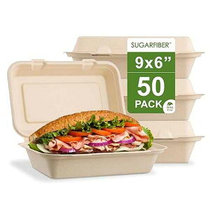 Harvest Pack GOURMET SHOWCASE [50 COUNT]Harvest Pack PFAS FREE 9 X 6 Compostable Clamshell Food Containers, Heavy-Duty Hinged Container, Disposable Bagasse Eco-Friendly Natural Takeout to go Box, Made from Sugarcane